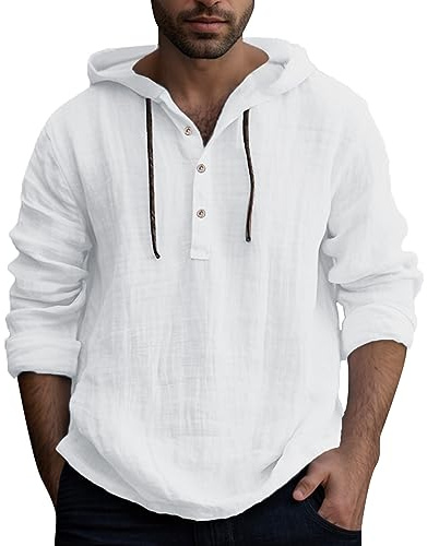 Chemise Homme Coton, Tee Shirt Manche Longue Homme à Capuche,Top Ete Homme Grande Taille Élégant Solid Leger Été Blouse Cordon de Serrage Décontractée Haut Slim Col en V de Plage Classique Tunique