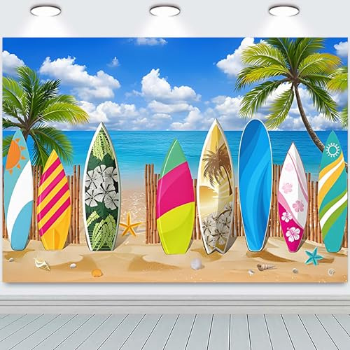 Hnmdmyi 2.4x1.8m Telón de Fondo Playa Verano Tabla de Surf Tropical Palmeras Seaside Isla Azul Mar Cielo Fotografía Fondo Boda Novia Ducha Baby Shower Cumpleaños Fiesta Decoraciones Photo Booth Props