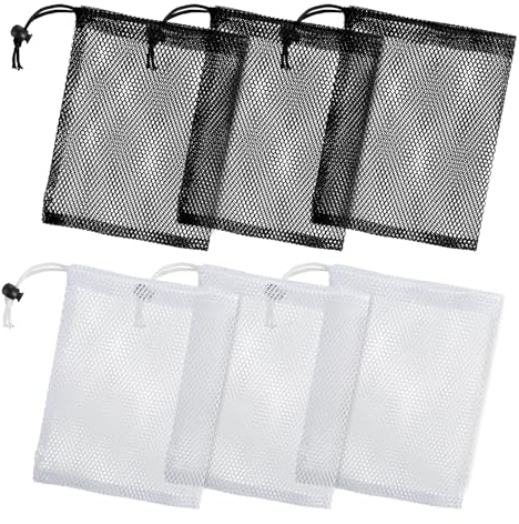 Oruola 6 Stk Netzbeutel Klein,Mesh Bag mit Kordelzug,Tragbare Nylon Netztasche,30 x 38 cm Beutel mit Kordelzug,Mesh Kordelzug Tasche Kordelzugbeutel für Reisen Spielzeug Kosmetik,Schwarz/weiß