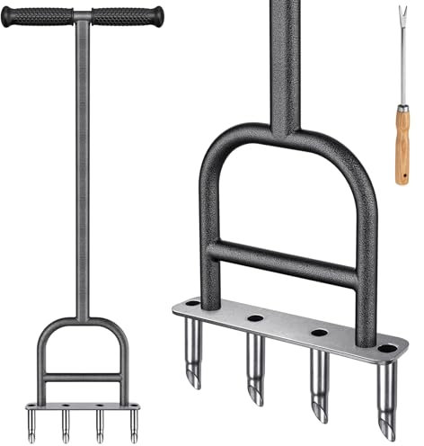 BeneLabel Aireador de Césped, Herramienta de Aireación de Césped de Acero Inoxidable con 4 Púas Huecas para Jardín con Set de Limpieza de Agarre Suave para Aflojar la Tierra y Mejorar el Césped, 93cm