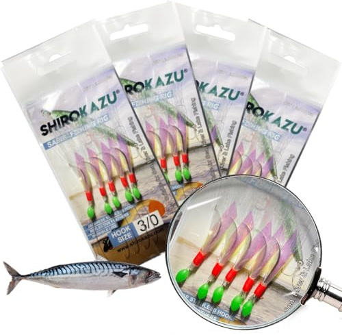 SHIROKAZU Reflective Luminous Mackerel Feather Lures - Anti-Rust Steel Hooks, Versatile Use for Freshwater & Saltwater Fishing - 5 Hooks Each, Ideal for Sea Bass, Trout, Perch, Carp