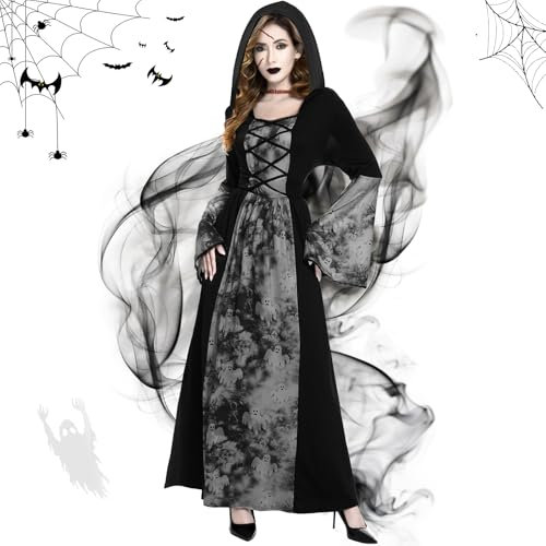 JONRRYIN Hexen Kostüme Damen, Halloween Hexenkostüm Schwarzer mit Kapuze, Langarm Vampir Kleid mit Tattoo Stickers, Zombie Kostüm für Halloween und Karneval (XXL)