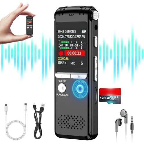 Dispositivo de grabación Digital Activado por Voz de 128 GB, 1536Kpbs dictáfono grabadora con reproducción, cancelación Inteligente de Ruido, grabadora de Voz para reuniones, Clases, entrevistas, MP3
