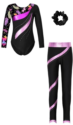 Rswnyirn 3 Pièces Enfant Fille Ensemble de Gymnastique Justaucorps et Legging Elastique Chouchou Tenue de Gym Manche Longue 5-14 Ans Rose 5-6 ans