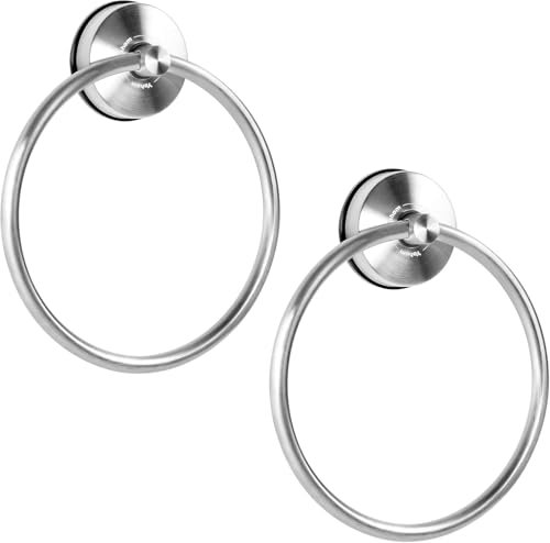 YOHOM Bathroom Towel Holder Suction Hand Towel Ring Stainless Steel Vacuum Towel Hanger Bath Round Wall Towel Rack Wall Mounted Kitchen No Drill Brushed Silver 2pcs
