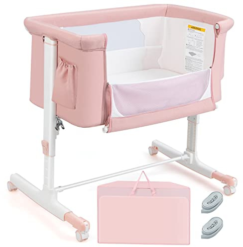 3 in 1 Baby Bassinet Bedside Sleeper for Newborn, Folding Crib with Mattress Travel Bag, Adjustable Heights Lockable Wheels Rock Breathable Mesh, Easy to Assemble Cradle Co Stationary (Pink)