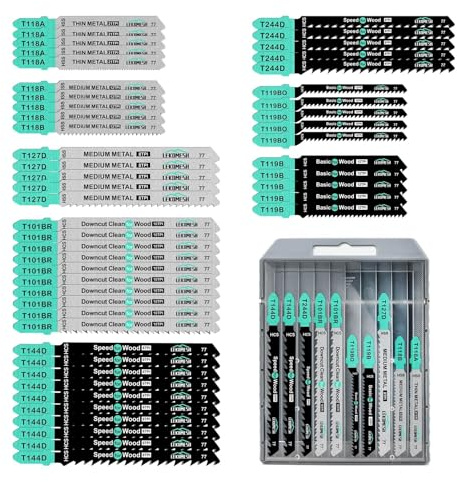 LEKOMESH 50PCS T-Shank Jigsaw Blades Set - 6 Types, HCS & HSS Jigsaw Blades for Wood and Metal, Fast Clean Cuts, Universal Fit for Most Jigsaws, Cuts Wood, Metal, Plastic, MDF, Laminate
