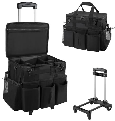 SCAVATA Rolling Cleaning Caddy Bag with Detachable Trolley, Large Cleaning Supplies Organizer with Wheels, Multi Pocket Cleaning Cart with Adjustable Shoulder Strap for Housekeepers & Home Use, Black