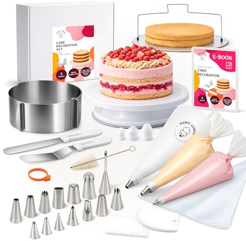 Happy Lemuro - Kit Decorazione Torte con beccucci Inox e sac à Poche | con Anello Regolabile e Piatto Girevole - per Principianti ed esperti