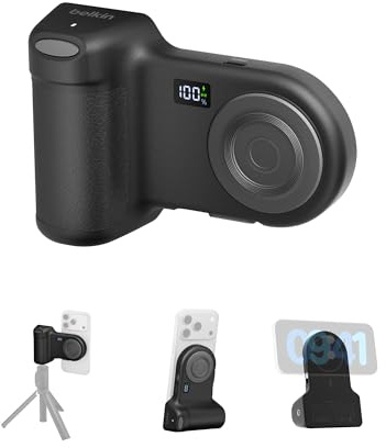 Belkin Stage PowerGrip, Magnetic Wireless Charging Camera Grip 9300mAh, Power Bank with Retractable USB C Cable, Bluetooth Connection, Tripod Attachment, LCD Screen, Portable Charger for iPhone, Pixel