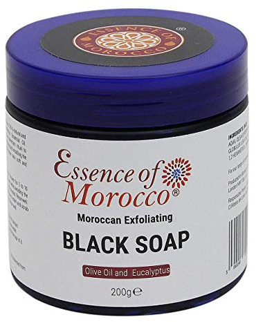 Moroccan Exfoliating Black Soap Eucalyptus Essential Oil and Olive Oil Beldi Hammam Spa Scrub Savon Noir 200g / 7 OZ Natural Helps Cleanse Skin Remove Fake Tan and Ingrown Hair (Pack of 1)