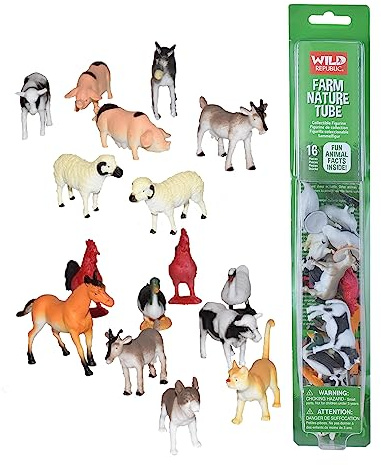 Wild Republic Farm Figurines Tube, Horse, Cow, Donkey, Duck, Sheep, Chicken, Rooster, Pig, Dog, Cat, Goat, 16 piece playset, 1.5 to 3, Model:12883