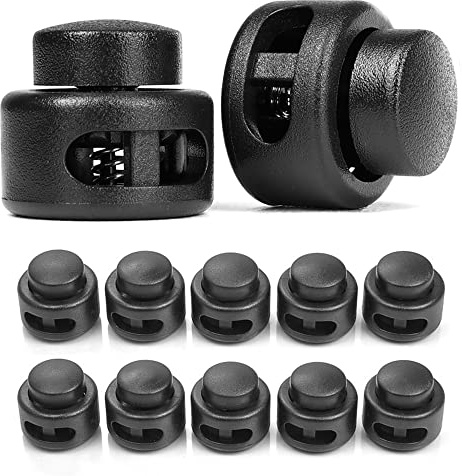 Ganzoo fijador de cordón con pulsador y 2 Orificios 4 mm, Set 10 Piezas, plástico Negro, Abrazadera Redonda para Cordones y Cuerdas en Sudadera, pantalón Deportivo, Mochila y Equipo Outdoor