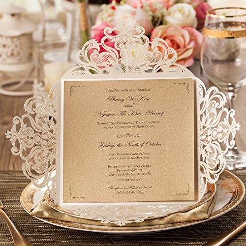 Hosmsua 50x inviti di nozze Laser Cut inviti da matrimonio Kit bianco in Hollow floreale sposa doccia favori fidanzamento di compleanno Baby Shower Quinceanera di laurea Cartoncino (50)