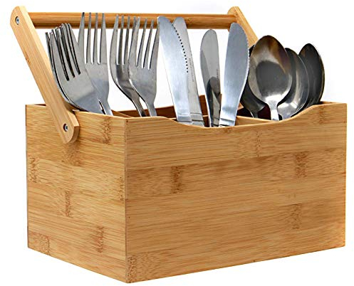 Bamboo Utensil & Cutlery Holder Caddy – 4-Compartment Portable Bamboo Kitchen Organiser with Carry Handle for Indoor, Outdoor, BBQ, Dining Table | M&W