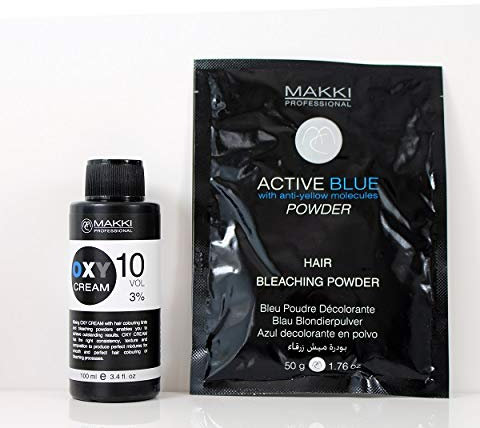MAKKI HAIR BLEACHING KIT 10 ACTIVE BLUE BLEACH POWDER 50g + OXY CREAM VOL 10 (3%) 100ml