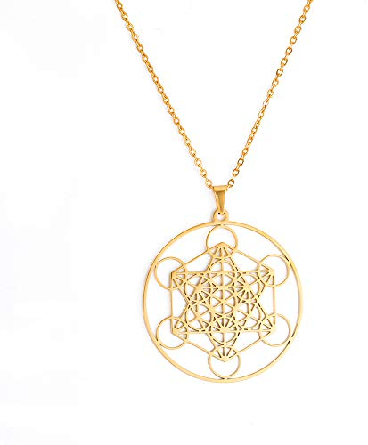 TEAMER Metatron Würfel Halskette Heilige Geometrie Anhänger Siegel des Erzengels Engel Halskette Edelstahl Schmuck (GOLD)