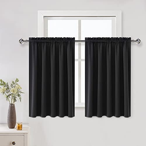 DWCN Short Black Blackout Curtains for Half Window - Room Darkening Thermal Insulated Kitchen and Bedroom Curtains 60x36 inches Long, Set of 2 Window Curtain Panels