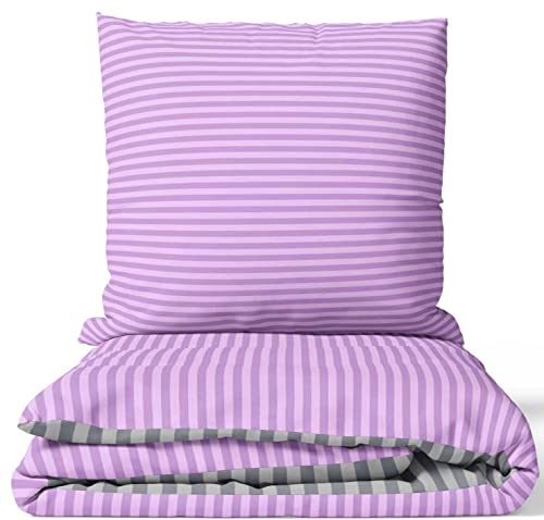 Leonado Vicenti Bettwäsche 200x220 3teilig Bettbezug - Bettwäsche-Set Baumwolle mit 2 Kissenbezüge 80x80 cm Einfarbig Gestreift Lila/Grau für Doppelbett mit Reißverschluss