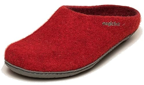 Magicfelt Filttoffel PO 736 för kvinnor och män av ren merinoull – tofflor med halkfri, vattentät gummisula, Rubin, 45 EU