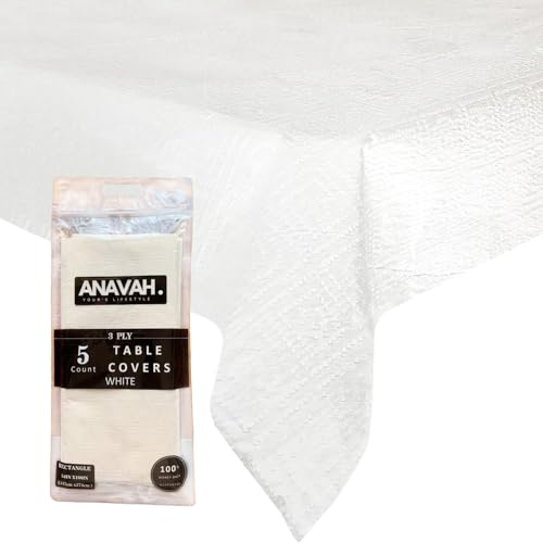 Paper Tablecloths for Rectangle Tables 5 Pack,White Disposable Paper Tablecloth, 3 Ply Paper & Plastic 54 x 108 Tablecover, Table Cloth for Various Occasions Parties, Indoor & Outdoor Banquet Use