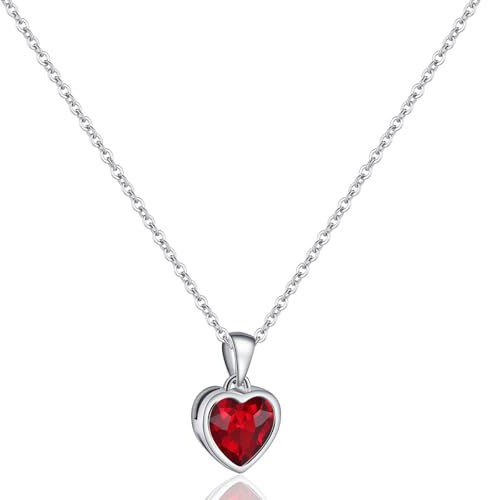 Teppdfann 925 Sterling Silver Ruby Heart Necklace Red Pendant Necklace for Women Handmade Love Birthstone Necklace for Valentines Day