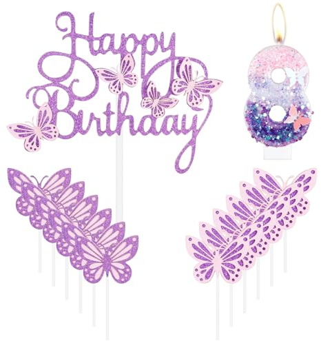 Grattis på 8:e Födelsedagen Fjäril Ljus - Rosa Lila Nummer 8 Med Tårta Cupcake Topper för Flickor - Tårtdekorationer för Fjäril Temafest