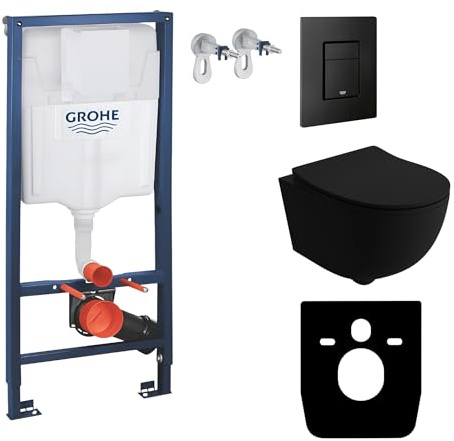 LAVITA Elemento da parete Solido + parete sospesa WC Brava nero senza bordi e sedile WC SoftClose | pulsante nero | set completo | cassetta di risciacquo da incasso | WC completo | set completo |