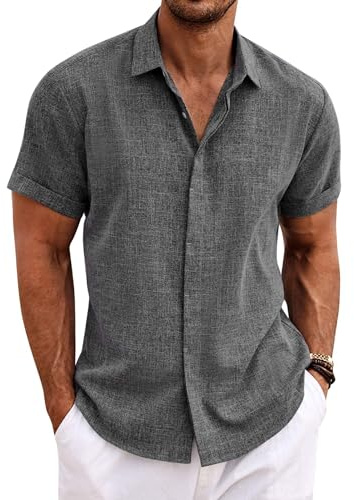COOFANDY Camisa de Lino para Hombre Camisa de Manga Corta con Botones Camisas Informales de Ajuste Regular Camisa de Lino de Playa de Verano
