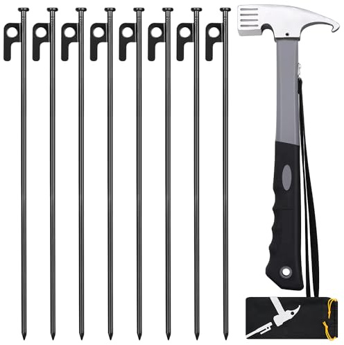 Lot de 8 piquets de tente et marteau de 40,6 cm en acier forgé robuste + marteau de camping robuste de 30,5 cm + pochette de rangement, disponible dans un endroit rocheux (lot de 8 piquets de 40,6 cm