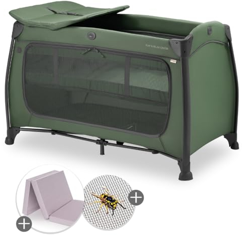 hauck Baby Reisebett Play N Relax Center Set mit Komfort Matratze und Insektenschutz - Babyreisebett mit Neugeborenen Einsatz, Wickelauflage und Tasche (höhenverstellbar & faltbar) - Dark Green