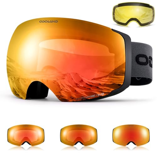 Odoland Masque de Ski Photochromique Magnétique avec Lentilles Jaune Interchangeable, Lunettes de Ski Large, Sphérique pour Ski Snowboard, Compatible avec le Casque, pour Homme Femme