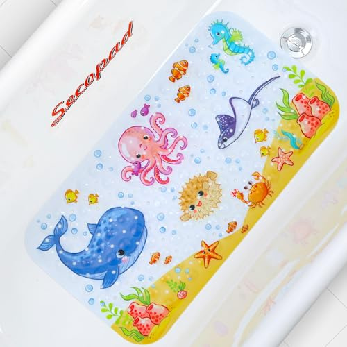 Secopad, tappetino per vasca da bagno antiscivolo, lavabile in lavatrice, con disegni di cartoni animati, antibatterico, per bambini, con fori di drenaggio e ventose, per neonati e bambini, 69,85 x