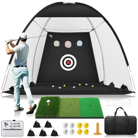 Red de golf de 10 x 7 pies con alfombrilla de golf plegable de tres césped, red de golpeo de golf todo en 1 con marcador y objetivo, redes de entrenamiento de astillado de golf para conducir en el