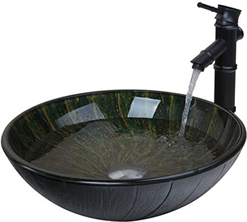 ASerZenith Ceramic Bathroom Sink Bathrooms Basin 16.8 Round Bathroom Glass Vessel Sink Set Black Tap+Bathroom Sink ?Washbasin Glass Hand-Painted Countertop Sink Bathroom Sink