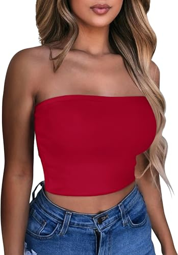 Crop Tube Tops for Women Summer Strapless Tunic Tank Sleeveless Slim Fit Vest(Red,L)