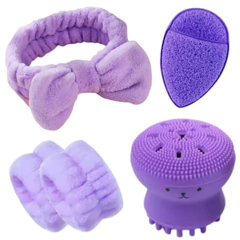 Diadema Elástica para Maquillaje, Diseño en Rosa, Fucsia y Lila (Diadema y Muñequeras Lila + Esponja + Cepillo Limpiador Facial, Grande)