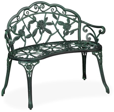 Relaxdays Panca da Giardino, Panchina a 2 Posti HxLxP: 79 x 99 x 56 cm, Aspetto Vintage in Ghisa e Alluminio, Nero Verde
