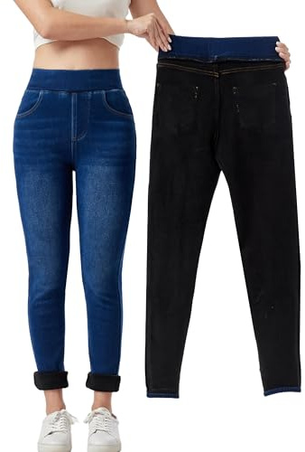 heipeiwa Women's Fleece Lined Jeans Winter Jeggings Thermal Flannel Lined Tummy Control High Waisted Pull on Skinny Jeans Classic Blue