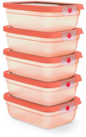 EMSA oneClick, Recipiente para almacenar Alimentos, un Clic, Abrir y Cerrar sin Esfuerzo, 2 Veces más Frescos, 100% hermético, apilables, Set de 5 Piezas Naranja, 5X 1,20L, N1231200