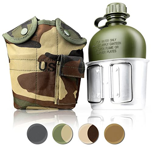 Ganzoo Feldflasche 1 Liter mit Trinkbecher (Kochbehälter) aus Aluminium, Outdoor Trinkflasche im Bundeswehr Design, Stofftasche in Bundeswehrgrün/Camouflage, Set für Camping Wandern Bushcraft