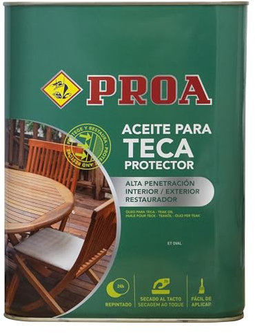 Aceite para Teca. PROA. Protección y nutrición para la madera. Renueva tus muebles de jardín. Transparente. 4 L, El embalaje puede variar