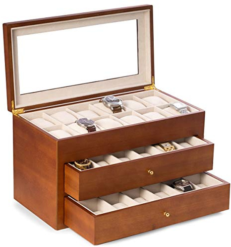 Bey-Berk Duke Cherry Wood Watch Box – 36 Slot Organizer with Glass Top, 2 Drawers & Velour Lining for Storage