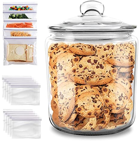 MASTERTOP Glass Storage Jars, 3.9L Cookie Jar with Airtight Lid, Large Glass Jar Container for Kitchen Biscuit Sweets Oats Flour Cereal Tea Coffee Beans, Send 15pcs Sealed Food Storage Bags