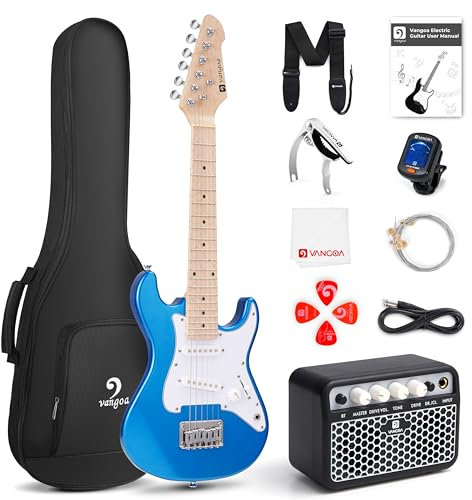 Vangoa E-Gitarre für Kinder, 76,2 cm, Anfänger-Set für Jungen und Mädchen, mit 5-W-Verstärker, Tasche, Gurt, zusätzlichen Saiten, Kapodaster, Stimmgerät, Plektren, Kabel (blau)