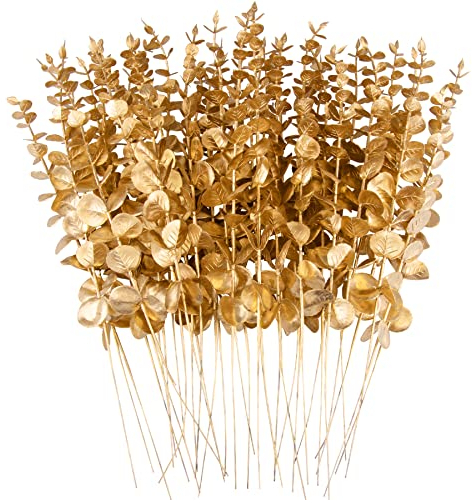 FEQO 36 Pcs Décorations De Plantes D'eucalyptus Artificielles Branches D'eucalyptus Artificielle Faux Eucalyptus Feuilles Faux Plante Tiges D'eucalyptus pour Mariage Maison Cuisine Décoration, Or