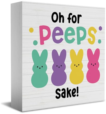 HTBIG Funny Easter Bunny Decor Desk Decor Wooden Box Sign Easter Decorations Gift Wood Block Plaque Box Sign for Home Farmhouse Kitchen Bathroom Shelf Table Decoration Oh for Peeps Shake