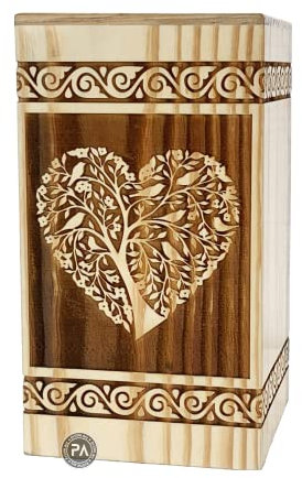 Urne Funéraire en Palissandre Pour Cendres Humaines - Arbre de Vie et Cœur en Bois - Pour Femme - Petite Taille 20,3 x 11,9 cm (H x l) - Bois de Pin