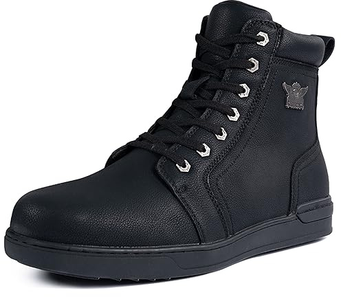 Men's Motorcycle Riding Shoes Street Riding Shoes Breathable Biker Boots Sneakers Powersports Footwear, Black Faux Leather Lace Up Boots with Ankle Support for Men, Anti-Slip Sole, Side Zipper
