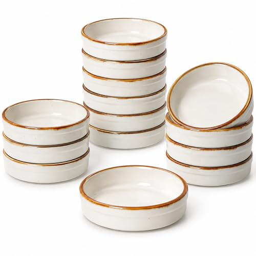 ONEMORE Set di 14 pirottini per crème brûlée, adatti al forno, 113,4 g, piatti bassi in ceramica per soufflé, per cuocere squisiti dessert, piccoli stampini rotondi per salsa di immersione, mini